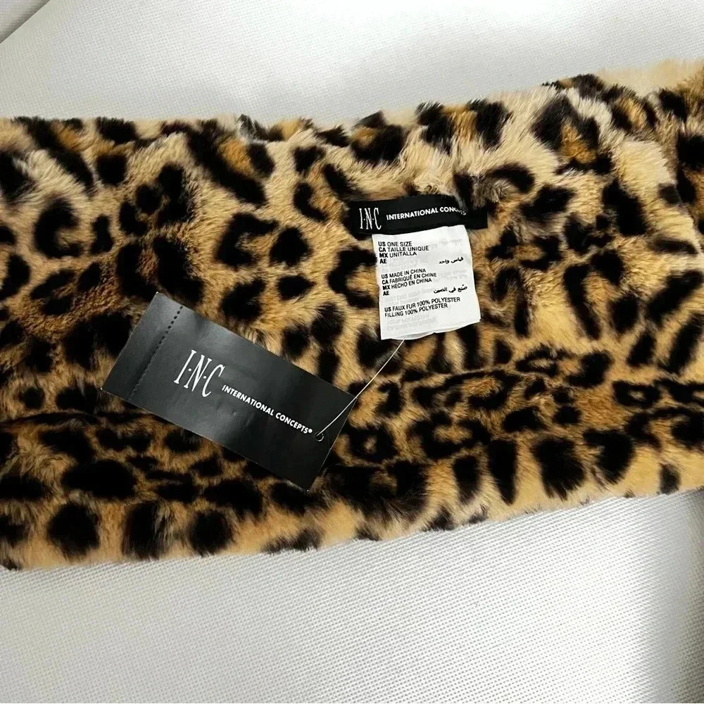 I.N.C Pull-Through Faux -Fur Scarf Leopard Print Black And Brown Soft Cozy